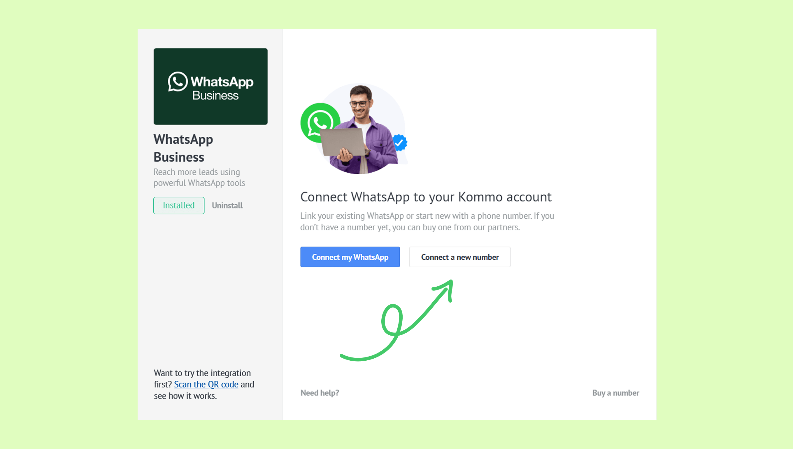 Instructions to connect WhatsApp Business to a Kommo account with highlighted options.